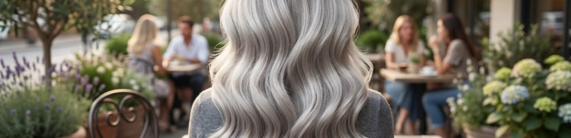 Long Wavy Gray Hair with People in Background
