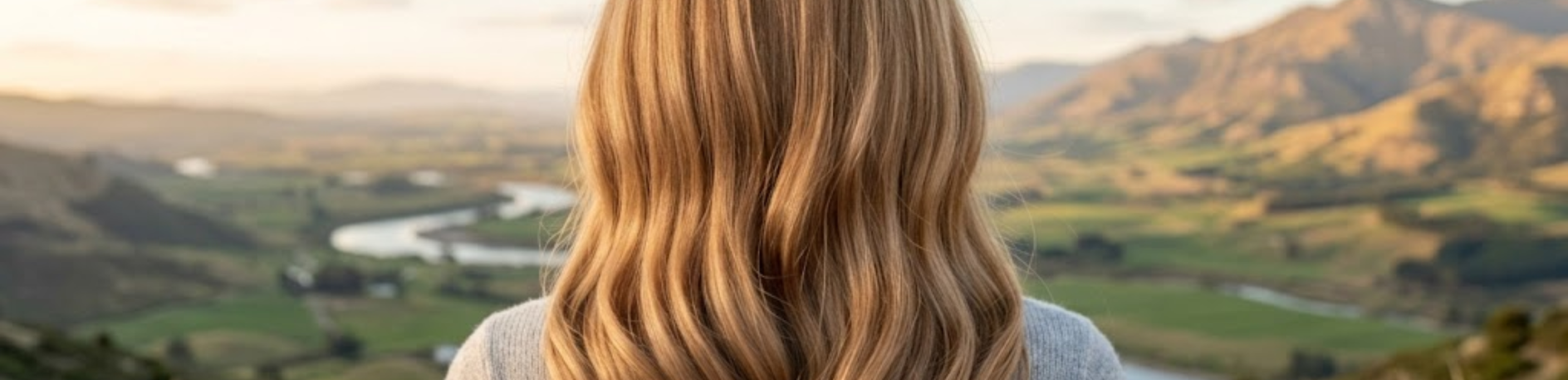 Wavy Blonde Hair with Natural Landscape Background