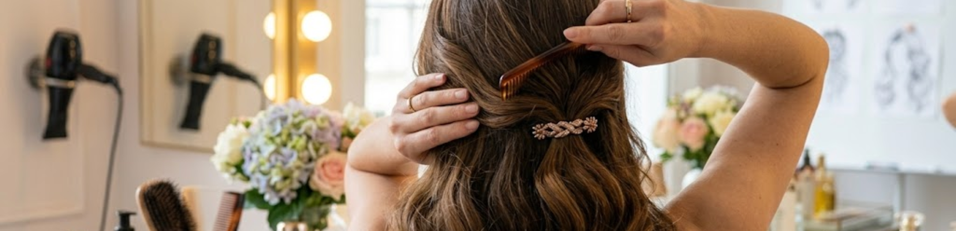Brown Hair Styling with Hair Dryer on the Wall