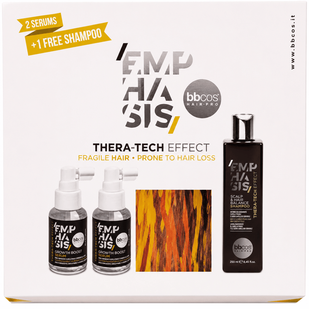 bbcos 'Emphasis' hair care product set with shampoo and serums on a white background