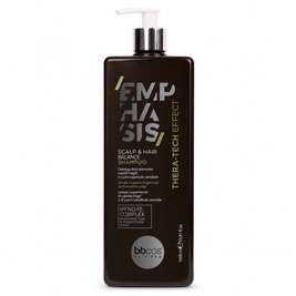 A 1000 ml bottle of bboos haircare EMPHASIS Scalp & Hair Balance Shampoo, featuring a dark brown bottle with a white pump dispenser and silver and green text, set against a plain white background.