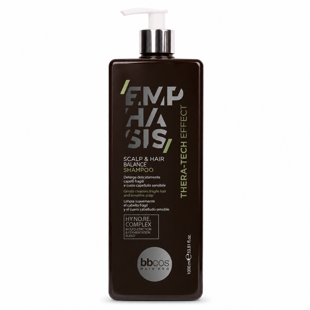 A 1000 ml bottle of bboos haircare EMPHASIS Scalp & Hair Balance Shampoo, featuring a dark brown bottle with a white pump dispenser and silver and green text, set against a plain white background.