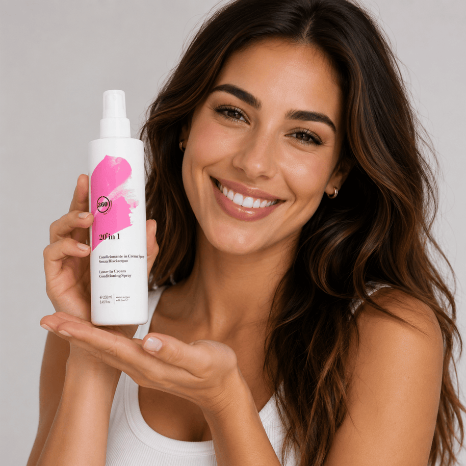 Woman holding a 360 Hair Professional 20+ In 1 Leave In Conditioner