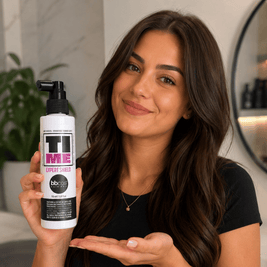 Woman holding a bottle of 'BBCOS TIME' product in a bathroom setting