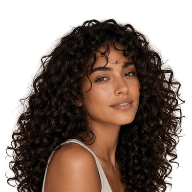 Woman with long, curly hair on a white background