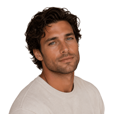 Man with wavy brown hair wearing a light gray shirt on a white background