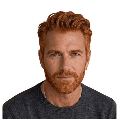 Man with red hair and beard wearing a dark gray sweater on a white background