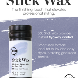 A bottle of 360 Hair Stick Wax flyaway hair control styling wax shown on a white and lavender graphic background with product text.