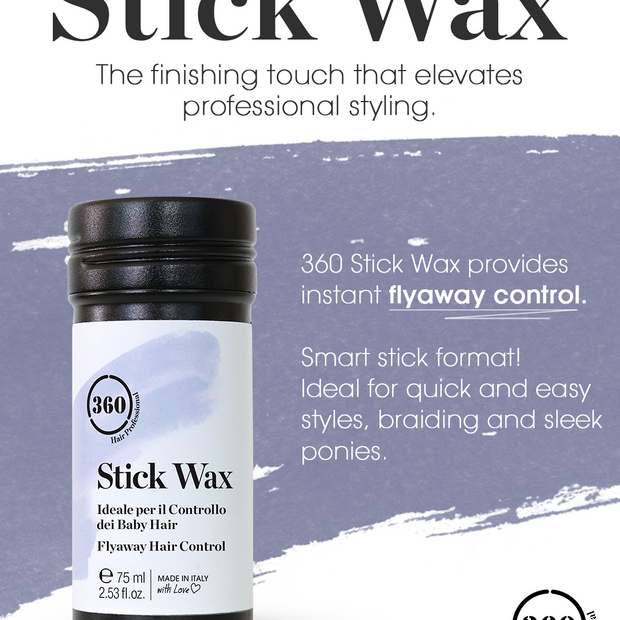 A bottle of 360 Hair Stick Wax flyaway hair control styling wax shown on a white and lavender graphic background with product text.