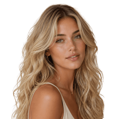 Woman with long, wavy blonde hair on a white background