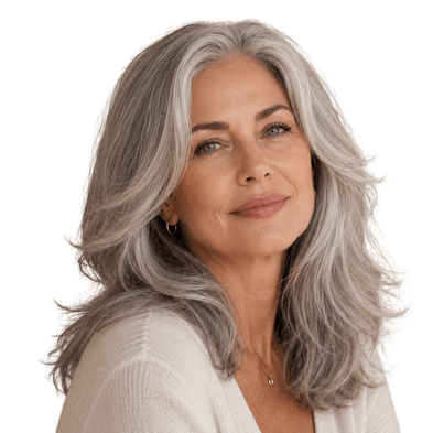 Woman with gray hair smiling on a white background