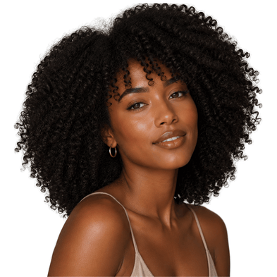 Woman with voluminous curly hair on a white background